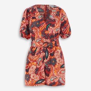 Rachel Zoe Paisley Orange Red Multi Color Puff Sleeve V Neck Belted Romper